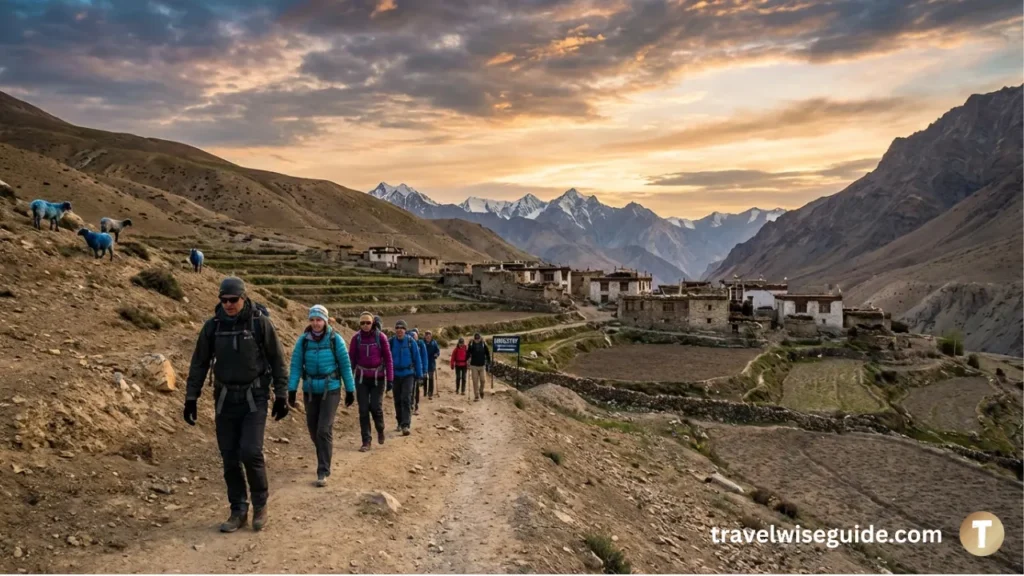 Markha Valley Trekking A Journey Through Time And Mountains Markha Valley trekking group passing ancient stone villages in Ladakh.