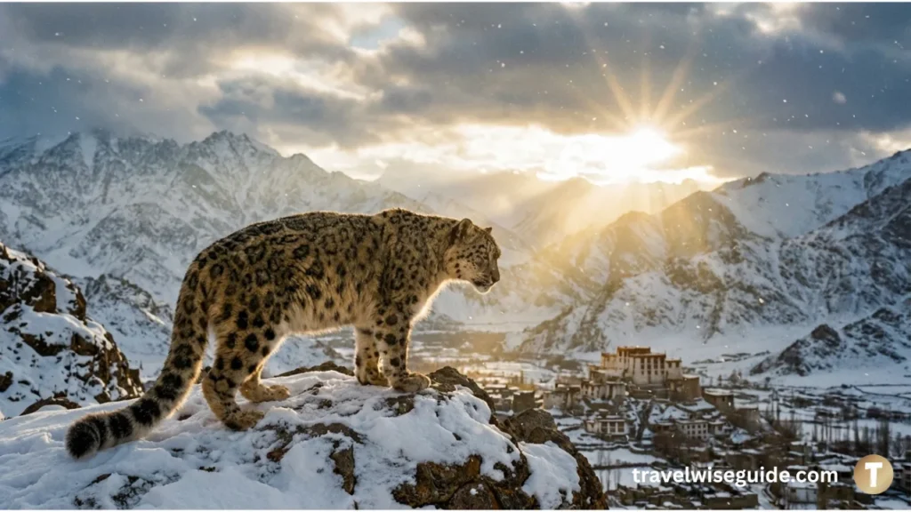 Snow Leopard In Ladakh: The Ghost Of The Mountains Snow leopard in ladakh standing on ridge during winter trek.