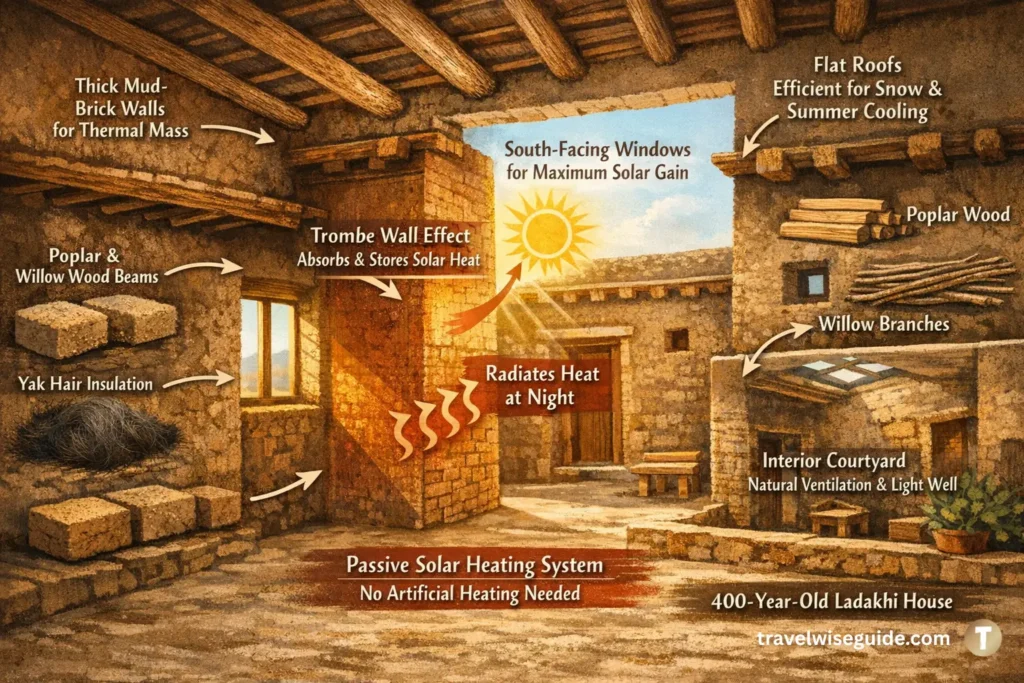 Ladakh Mud Architecture: Ancient Wisdom For Modern Sustainability Sustainable mud architecture diagram showing passive solar heating for homes.