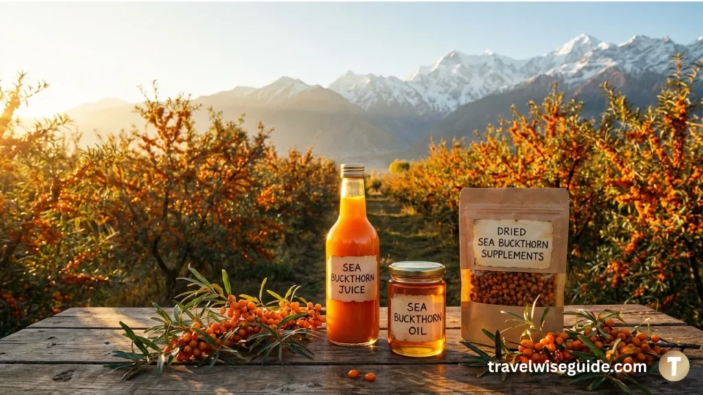 Himalayan Sea Buckthorn: The Golden Superfood Revolution Sea buckthorn products displayed against Himalayan orchards for organic industry.