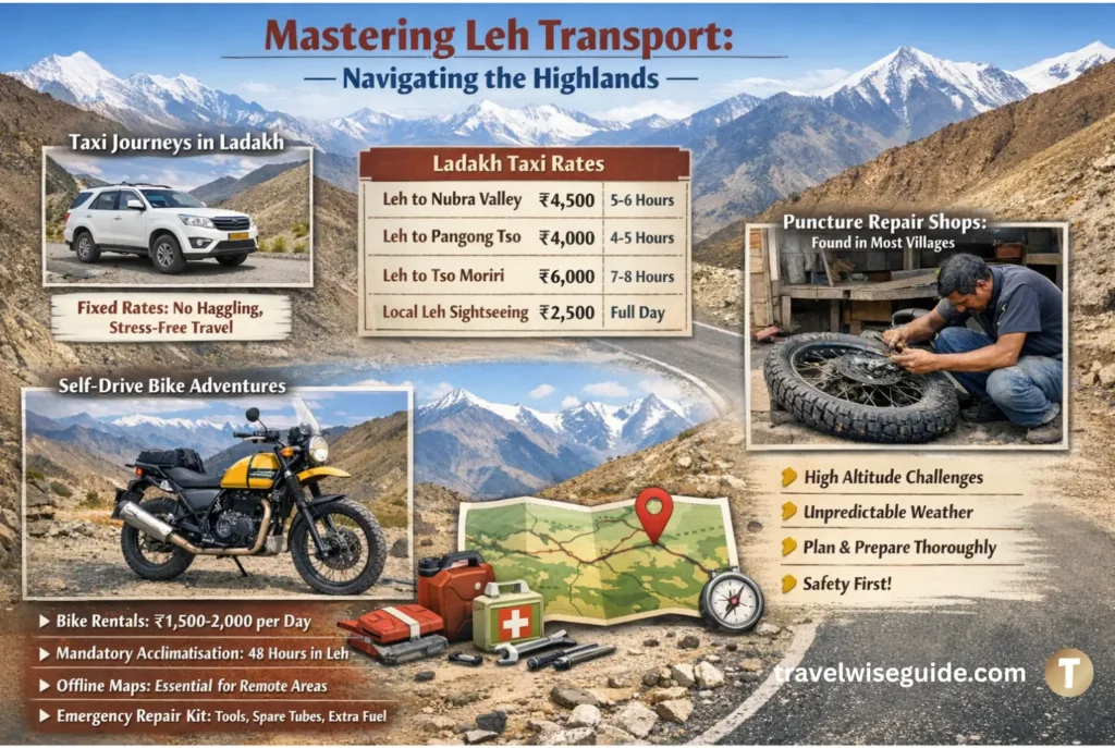 Leh Transport Guide: Navigate The Highlands With Confidence Ladakh travel guide transport infographic showing taxi rates and rentals.