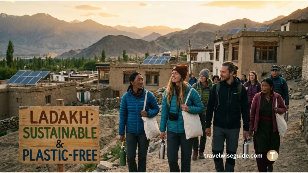 Sustainable Ladakh Tourism: Protecting Our Sacred Himalayan Heritage Ladakh travel guide sustainable tourism sign promoting plastic-free mountain travel.