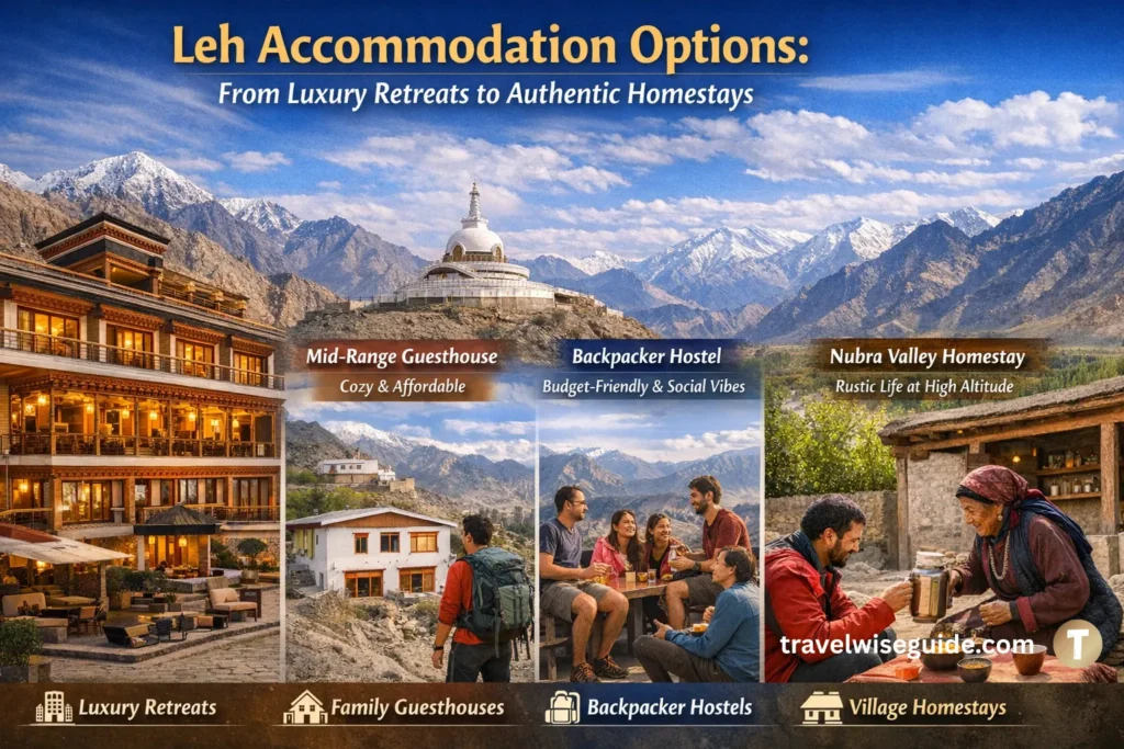 Leh Accommodation Options: Your Perfect Himalayan Sanctuary Found Ladakh travel guide accommodation infographic showing luxury hotels and homestays.