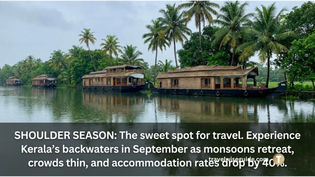 Shoulder Season Kerala Backwaters Secret To Affordable Luxury Travel terms meaning Kerala houseboats showing shoulder season budget savings.
