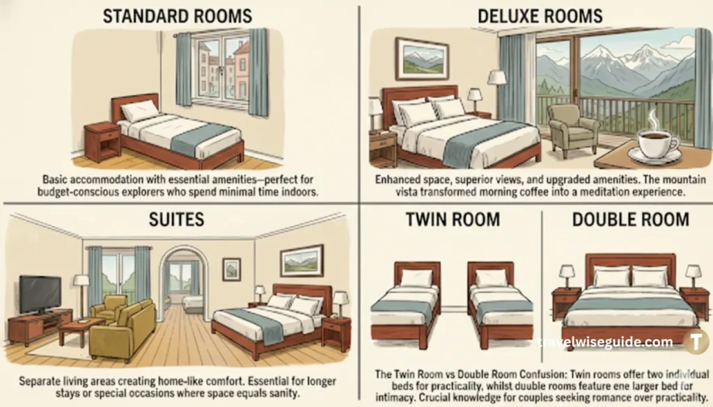 Hotel Room Categories: Find Your Ideal Travel Sanctuary Hotel room categories infographic comparing standard, deluxe, suites, and twins.