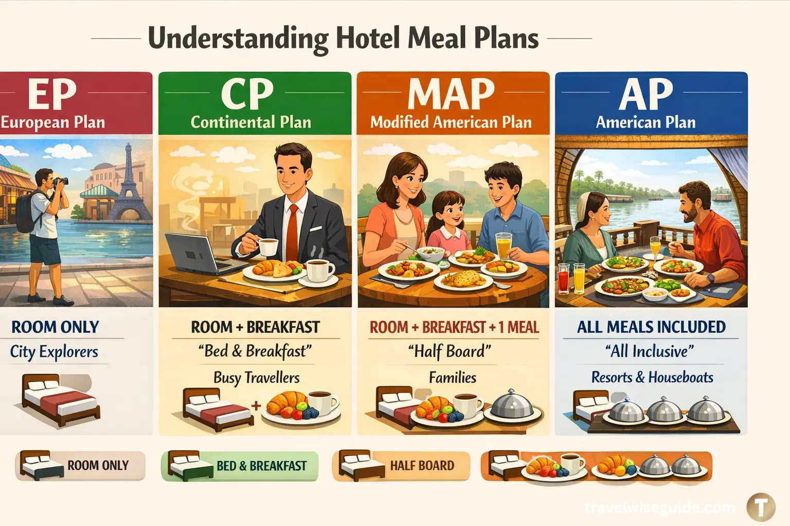 Hotel Meal Plans: Master Your Holiday Dining Budget Hotel meal plans infographic detailing EP, CP, MAP, and AP options.