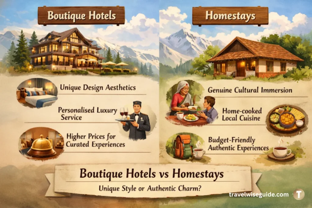 Boutique Hotels vs Homestays: Choose Your Perfect Vibe Boutique hotels and homestays comparison guide for choosing travel accommodation.