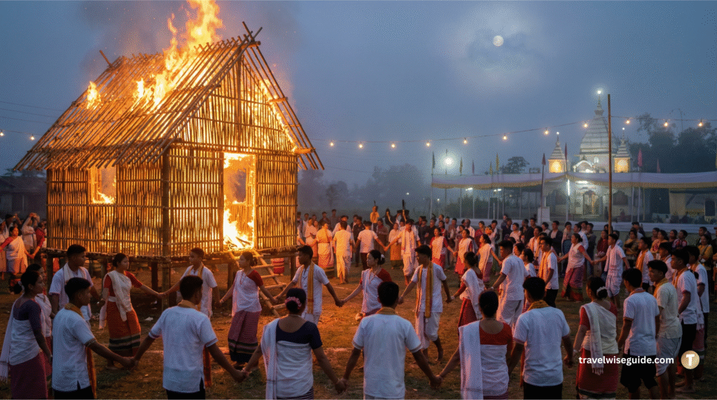 Yaosang Manipur Moonlight Dance and Sacred Fire Unique Holi in India showing people dancing near burning hut.