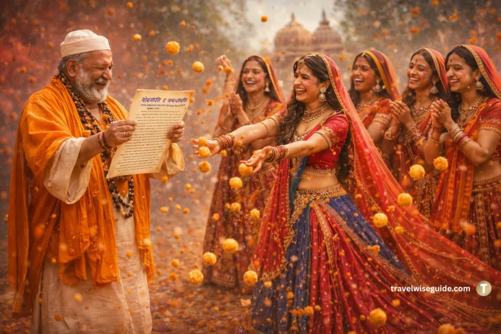 Laddu maar Holi by Radha ji in Barsana A Sweet Shower Unique Holi in India showing devotees throwing laddoos at Barsana.