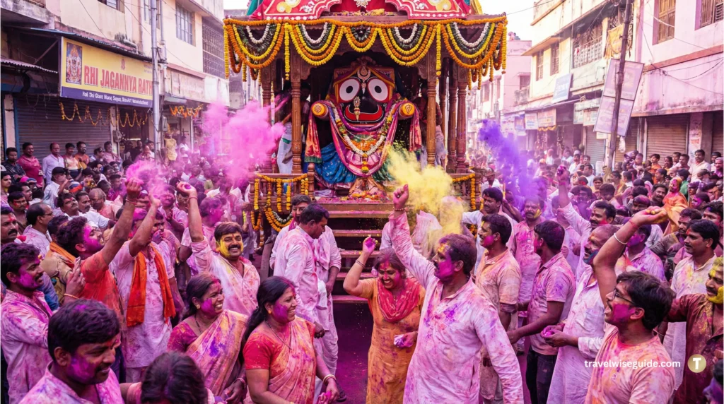 Dola Utsav Odisha Divine Chariot Procession Experience Unique Holi in India showing Lord Jagannath on a chariot.