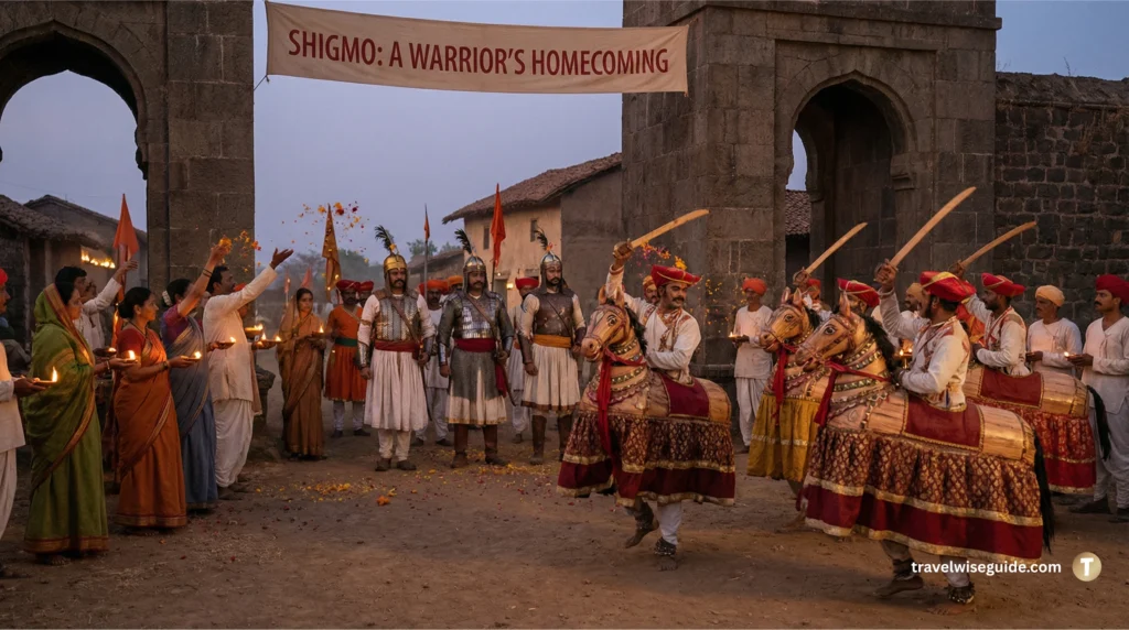 Shigmo Goa Festival A Warrior’s Grand Homecoming Unique Holi in India showing warriors dancing in Goa.