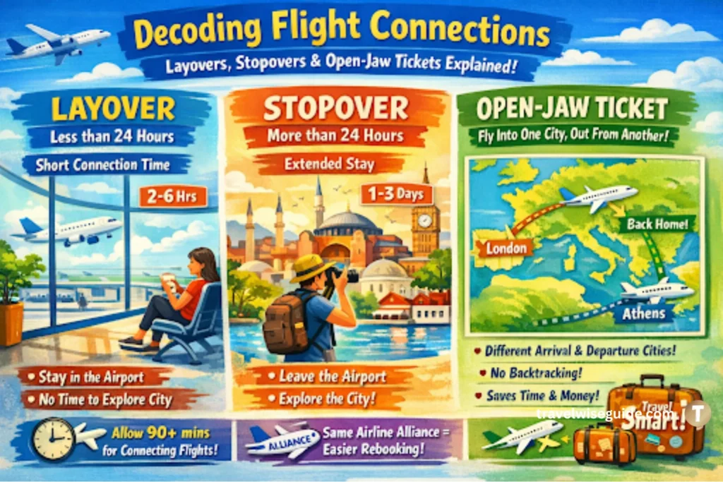 Flight Connections: Travel Smarter With Expert Hacks Flight connections guide illustrating layover and stopover rules for travellers.