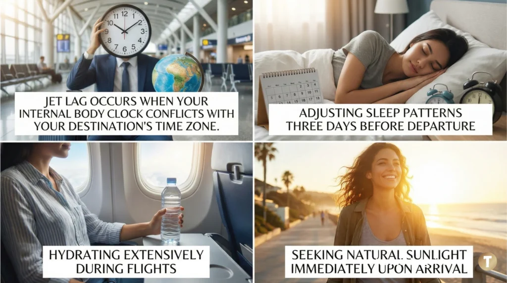 Conquering Jet Lag: Your Ultimate Global Travel Recovery Guide Jet lag tips infographic showing sleep adjustment and hydration during flights.