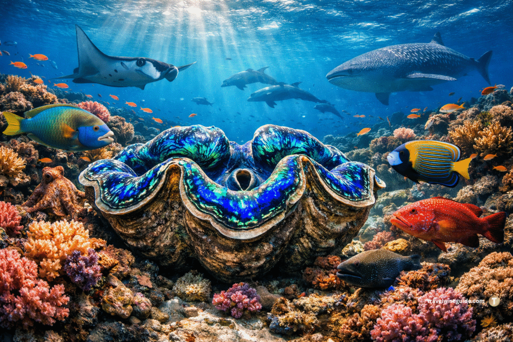 Coral Gardens: Discover The Ocean’s Most Vibrant Hidden Gems Giant clams in coral gardens surrounded by diverse reef fish.