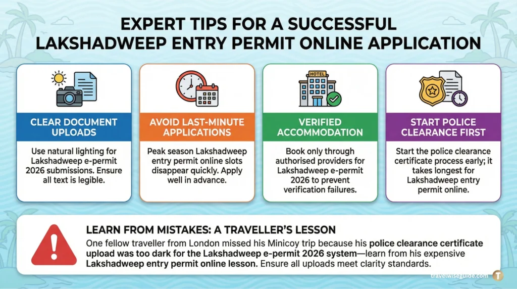 Lakshadweep Permit Success Secrets Revealed Lakshadweep entry permit online expert tips infographic with four icons.