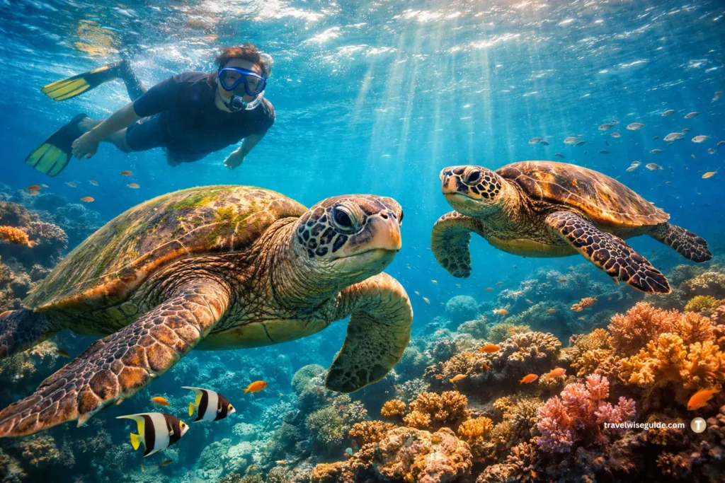 Green Sea Turtles: A Breath-taking Marine Encounter Green sea turtles swimming near coral with a snorkeler nearby.