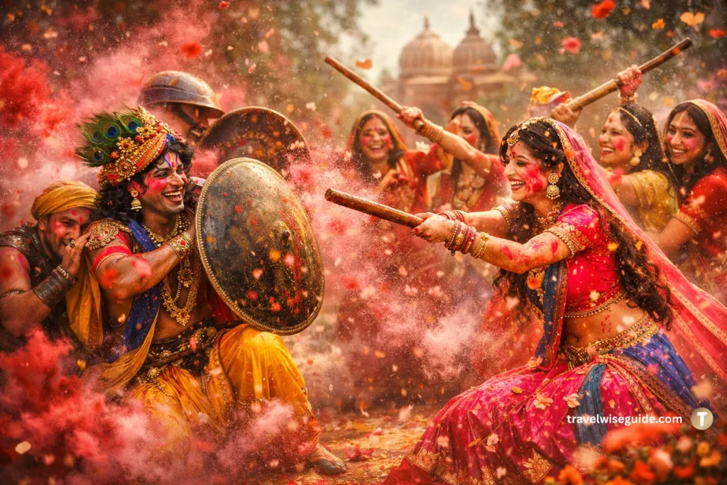Radha Krishn playing Lathmar Holi Divine Combat Unique Holi in India featuring Radha Krishna playing Lathmar Holi.