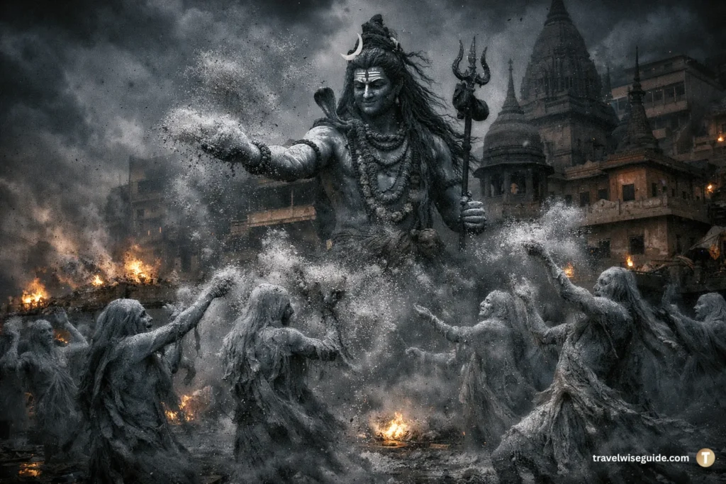 Masan Holi Varanasi The Ultimate Celebration of Liberation Unique Holi in India showing Lord Shiva playing Masan Holi.