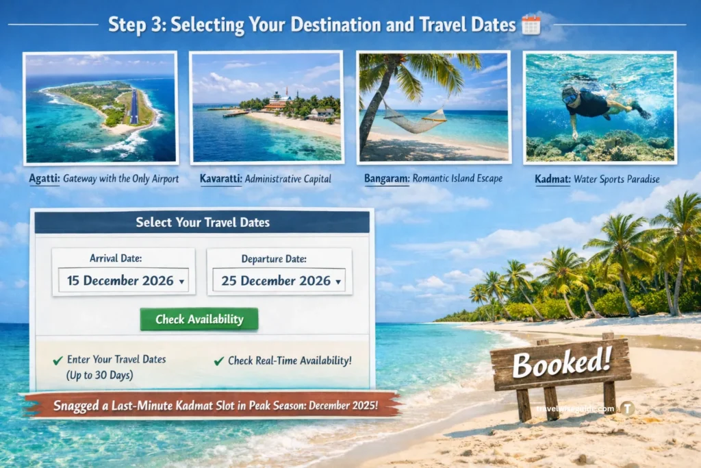 Lakshadweep Destination Selection Your Perfect Date With Paradise Lakshadweep entry permit online island selection interface with travel calendar.