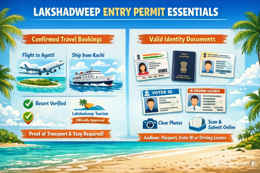 Lakshadweep Entry Permit Documents Ready For Approval Lakshadweep entry permit online document checklist displaying travel bookings and IDs