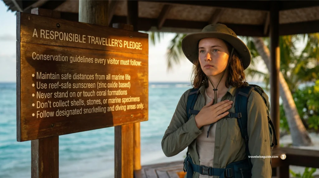 Sustainable Tourism: A Pledge To Protect Our Oceans Responsible traveller's pledge sign with a woman standing alongside it.