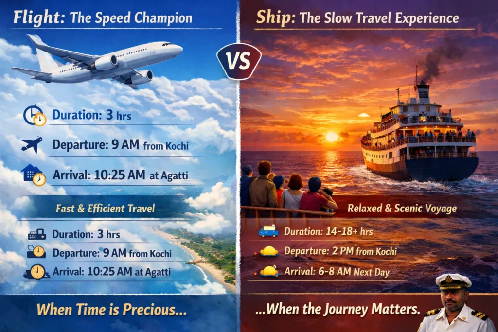 Lakshadweep Travel: Choosing Your Perfect Tropical Island Escape Lakshadweep ship vs flight comparison showing travel times and durations.