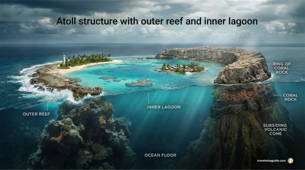 Marine Atolls: Nature’s Incredible Sunken Volcanic Wonders Atoll structure with outer reef and inner lagoon cross-section.