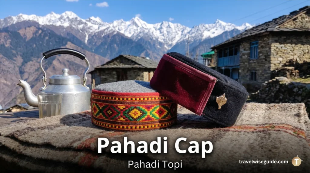 Himachali Heritage: The Soul Of The Mountains Pahadi topi with colourful embroidery on a rustic mountain backdrop.