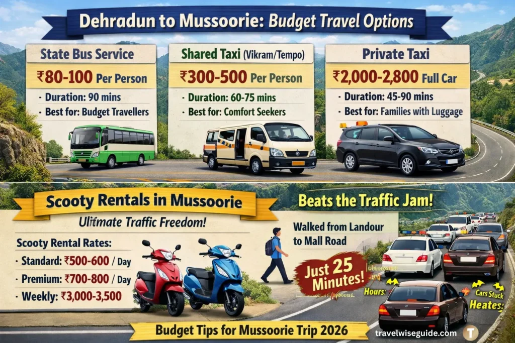 Smart Travel: Budget Commute Tips For Mussoorie Mussoorie transport infographic displaying bus, taxi, and scooty rental prices.
