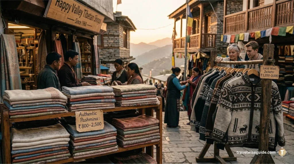 Happy Valley Treasures: Authentic Himalayan Winter Wear Pashmina shawls and wool jackets displayed in a mountain market.