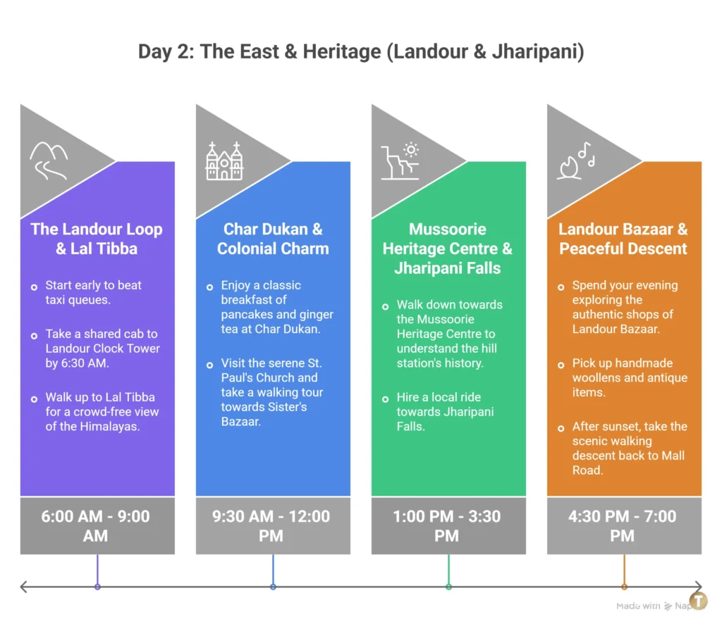 Landour Heritage Walk For A Peaceful Escape Mussoorie 3 days itinerary timeline graphic showing Day 2 schedule.