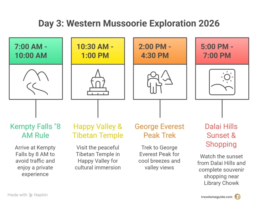 Western Mussoorie Nature Escapes And Sunset Views Mussoorie 3 days itinerary day three four block visual schedule.