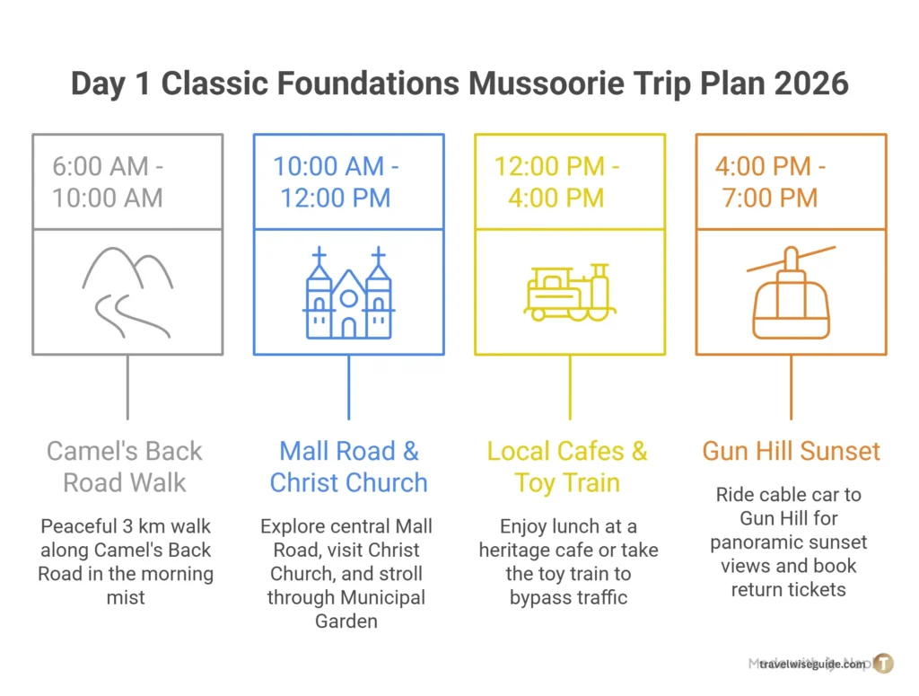 Mall Road Classic Morning Walk And Sunset Guide Mussoorie trip plan 2026 day one four step timeline graphic.