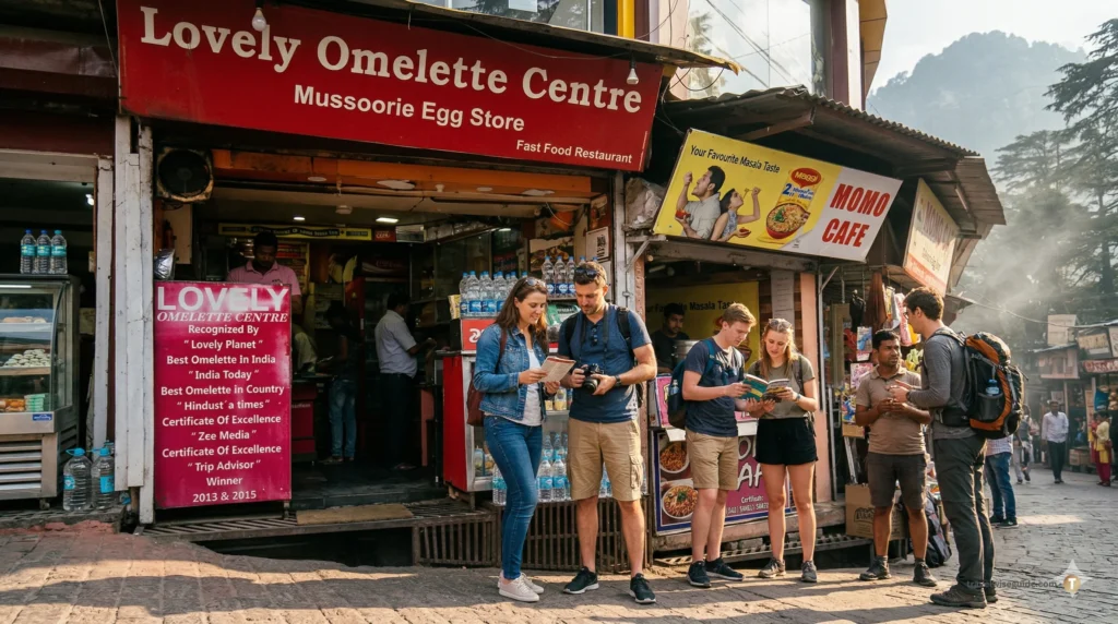 Lovely Omelette Centre: A Legendary Mussoorie Food Stop Lovely Omelette Mussoorie facade with tourists studying menus.