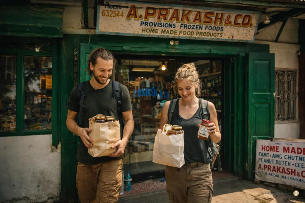 Prakash Store: Bringing Home The Flavours Of Landour Prakash store Mussoorie facade with tourists carrying bags of jam.