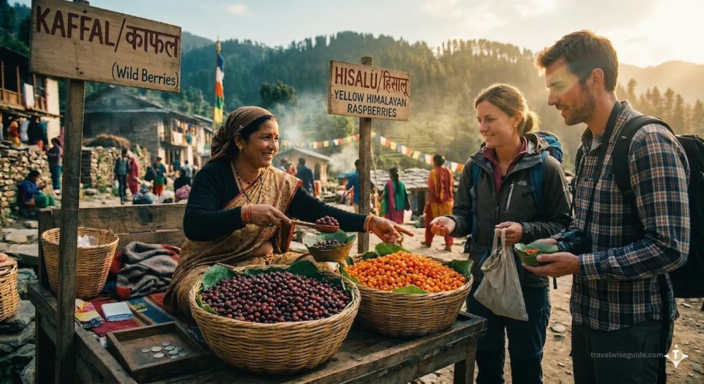 Himalayan Harvest: Taste Uttarakhand’s Wild Berries Local woman sells Kaffal and Hisalu berries at mountain stall.