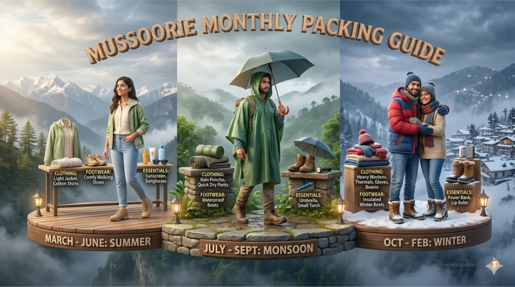 The Ultimate Mussoorie Seasonal Packing Guide Mussoorie Trip Plan 2026 mountain apparel seasonal infographic for packing.