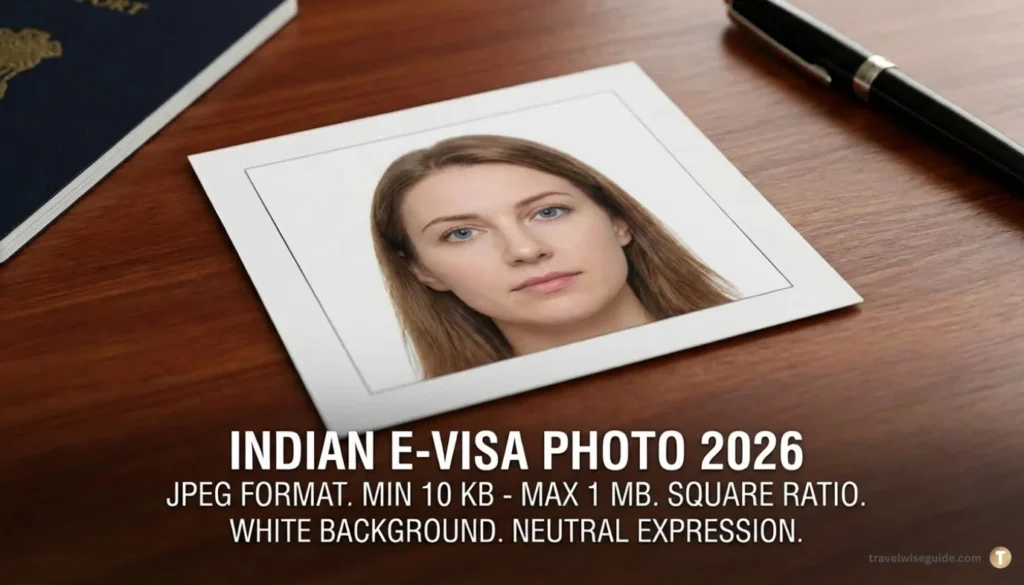 Indian E-Visa Photo: The Flawless Portrait Guide Indian e-Visa photo print with text overlay on a desk.