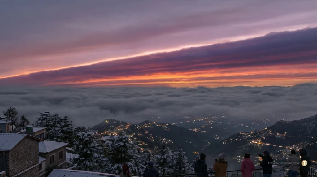 Awe-inspiring Winter Line From Mussoorie. Winter line band above clouds seen from snowy Mussoorie hills.