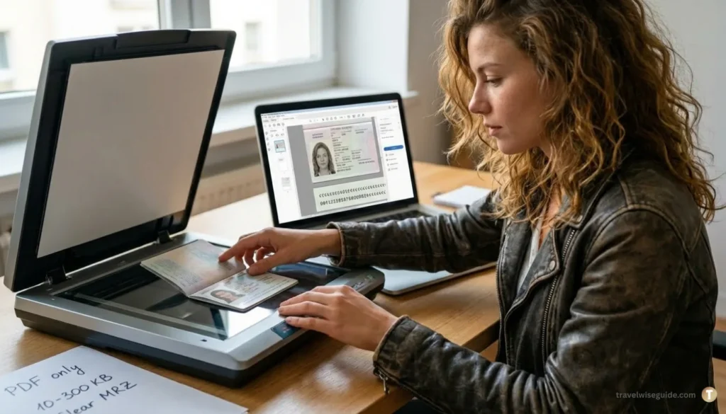 Indian E-Visa Passport: The Perfect PDF Scan Woman preparing Indian e-Visa documents by scanning her physical passport.