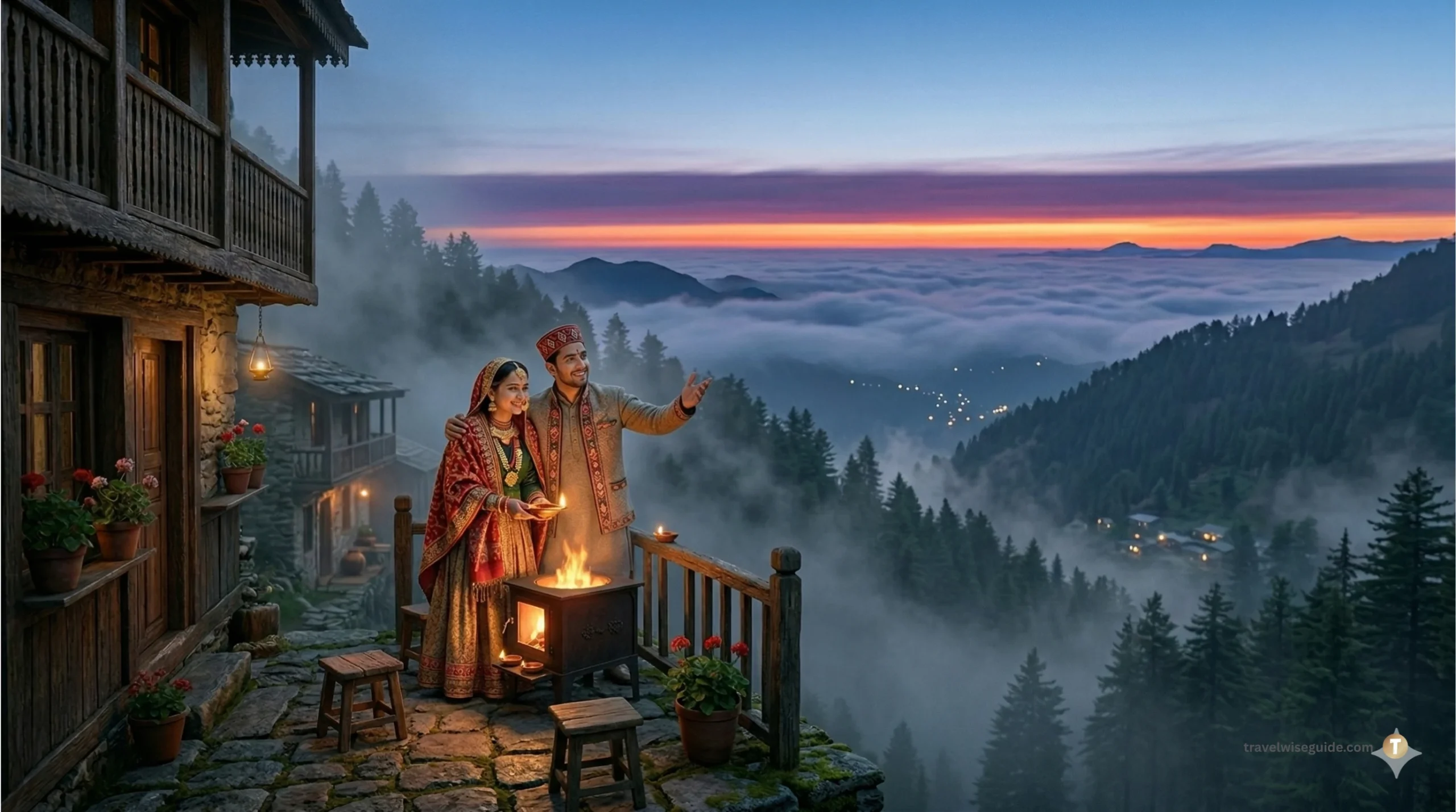 Authentic Mussoorie Himalayan Cultural Heritage. Couple in traditional attire holds lit diyas on stone terrace.