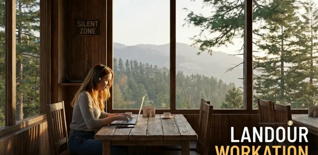 Landour Workation: The Ultimate Peaceful Escape Mussoorie workation setup showing woman typing beside large forest window.