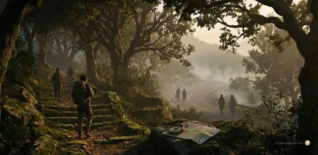 Secret Alleyways: Navigating The Authentic Hill Town. Hidden places in Mussoorie showing people walking on forest path.