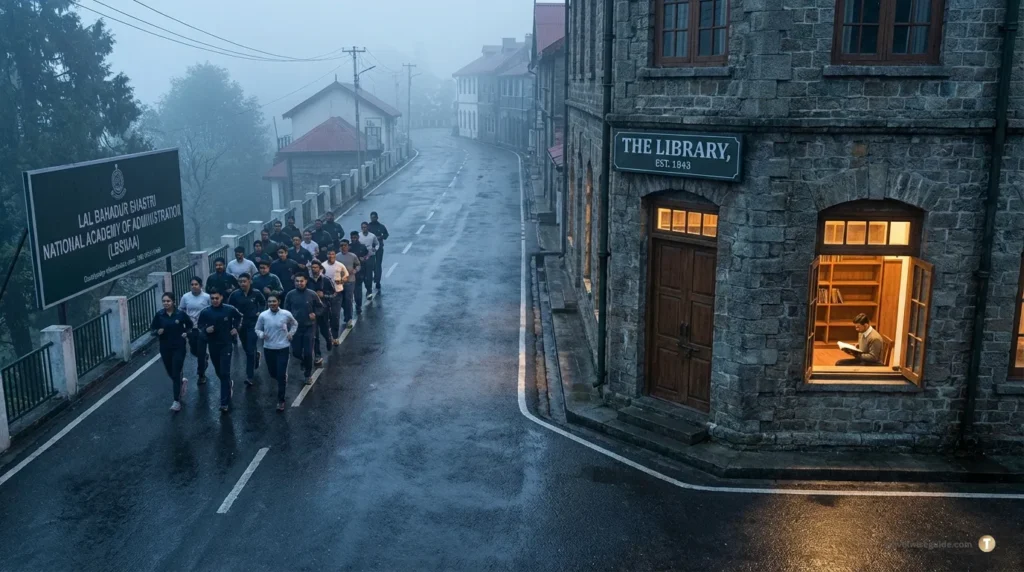 LBSNAA Mussoorie: A Masterclass In Silent Heritage Mussoorie local culture featuring morning joggers outside LBSNAA and library.