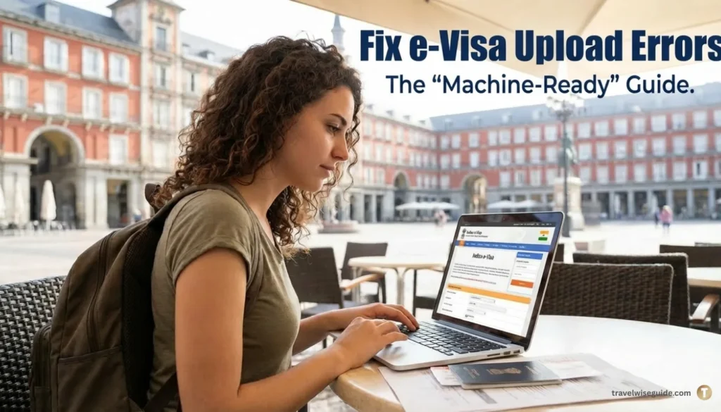 Indian E-Visa Document Size: The Stress-Free Guide Indian e-Visa document upload screen on a laptop outdoors.