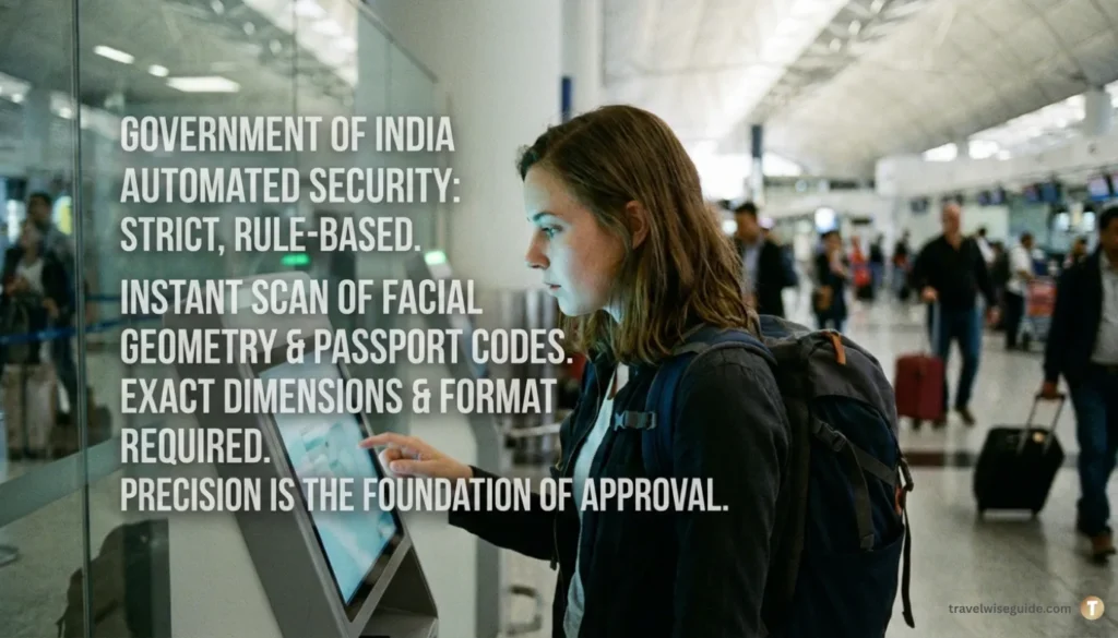 Indian E-Visa Dimensions: The Strict Automated Security Rule Indian e-Visa documents text overlay beside woman at airport kiosk.