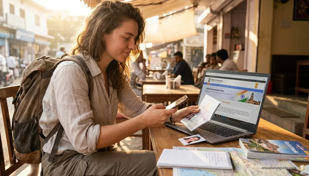 Indian E-Visa Documents: Mastering Exact File Sizes Preparing Indian e-Visa documents with passport and smartphone at cafe.