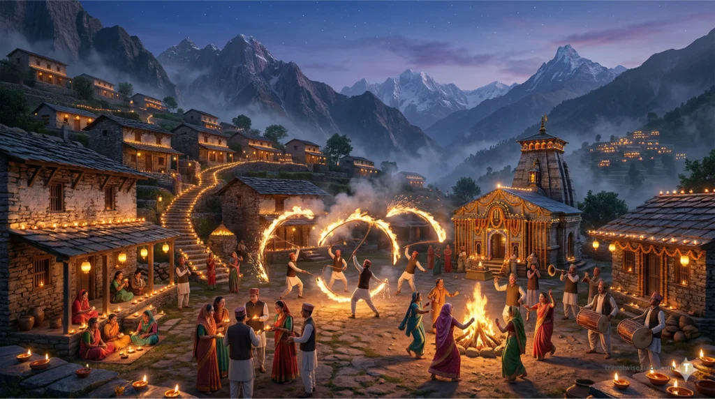 Igas Bagwal: The Unique Himalayan Festival of Lights. Himalayan village Igas Bagwal celebration with many diyas and fire dancers.