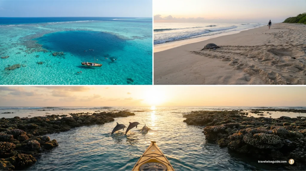 Lakshadweep Hidden Gems: Unlocking Untouched Island Magic Lakshadweep water sports aerial lagoon hole, nesting sea turtle, and dolphins jumping near kayak.