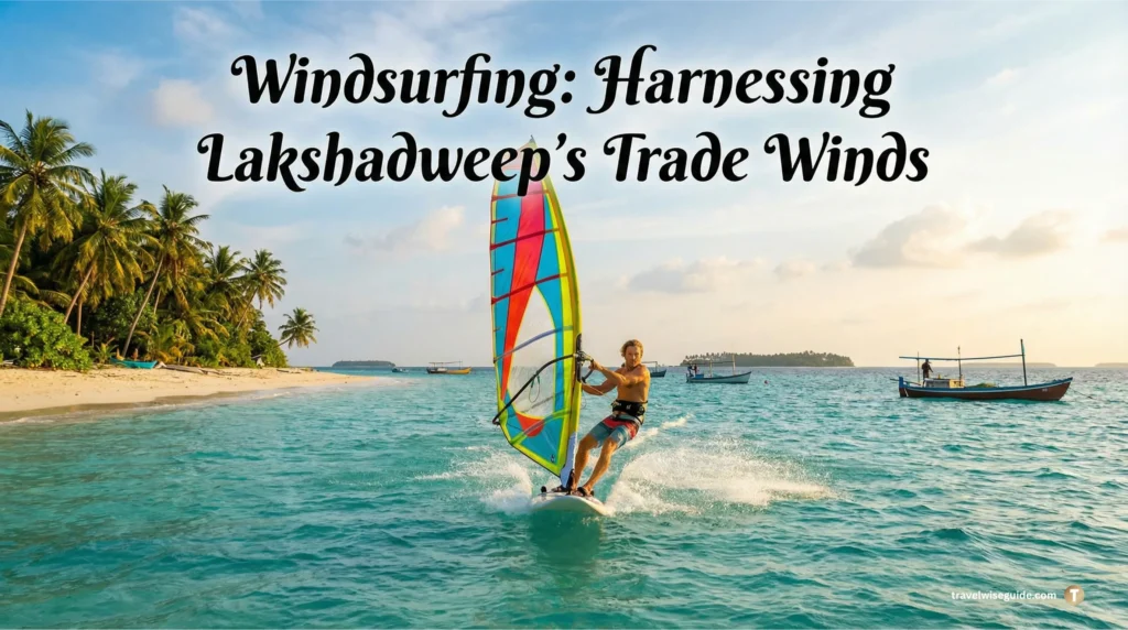 Lakshadweep Windsurfing Adventure: Harness The Tropical Trade Winds Lakshadweep water sports windsurfer sailing on turquoise water near palm-lined beach.